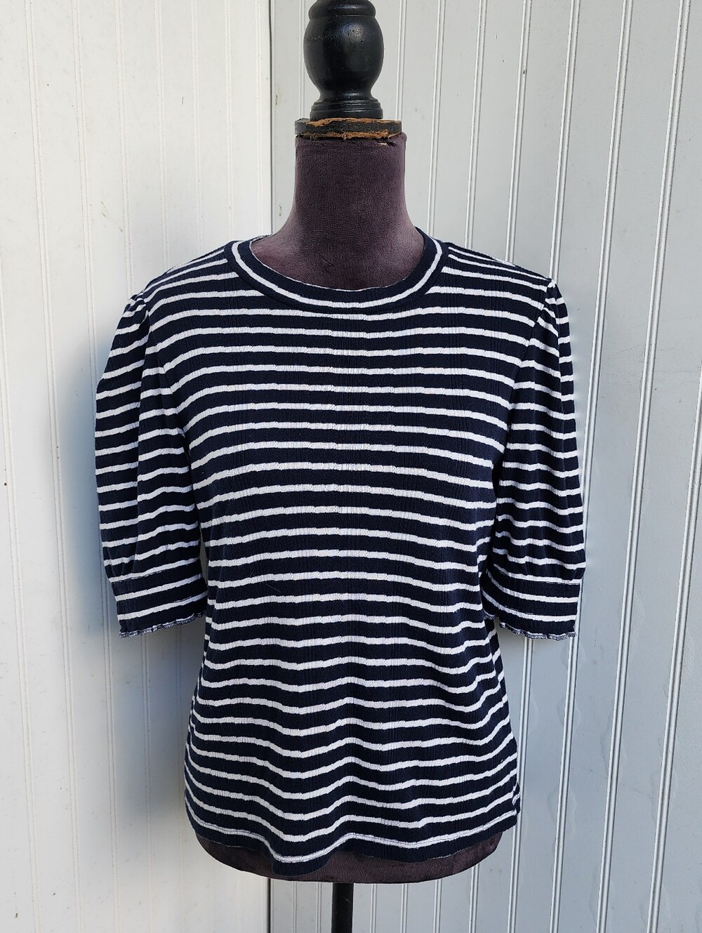 Lucky Brand Womens Blue White Striped Puff Sleeve T-Shirt Shirt Navy Cotton M